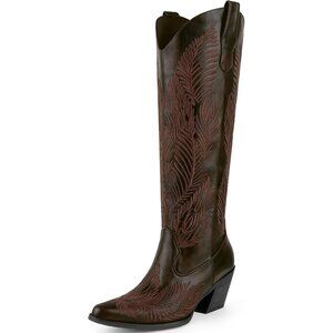 ⚡Women's Brown Knee High Cowgirl Boots with Retro Floral Embroidered Chunky Heel